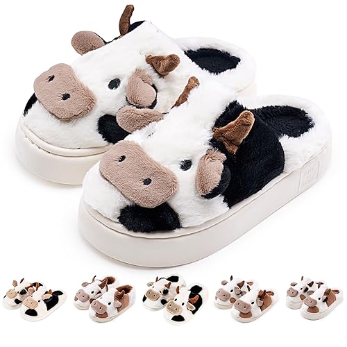 Kuh Hausschuhe Flaumig Damen Herren Cow Slippers Plüsch Pantoffeln Tiere Niedliche Cartoon Hauspantoffeln Winter Kuschelige Warme Schuhe Indoor Mädchen Frauen -black hp-4041 von Exceligen