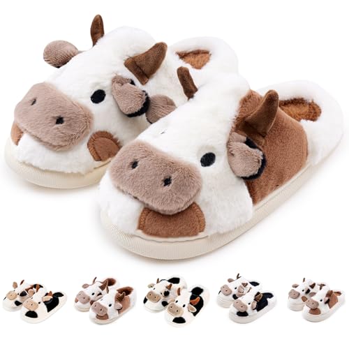 Kuh Hausschuhe Flaumig Damen Herren Cow Slippers Plüsch Pantoffeln Tiere Niedliche Cartoon Hauspantoffeln Winter Kuschelige Warme Schuhe Indoor Mädchen Frauen -brown-3637 von Exceligen