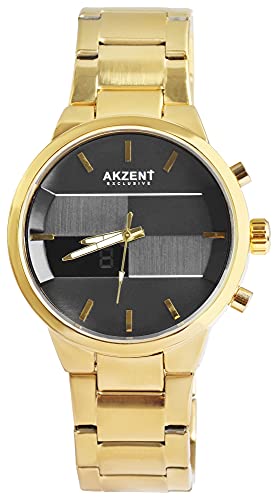 Akzent Herren Armband Uhr Anthrazit Gold Analog Digital Negativ Display Edelstahl Quarz Alarm Wecker Licht Stoppuhr 92800075003 von Excellanc