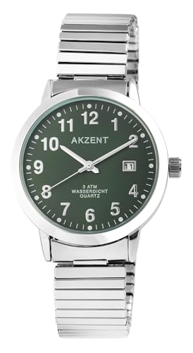 Akzent Herren Armband Uhr Grün Silber Analog Datum Edelstahl Zugband Stretch 92700012005 von Excellanc