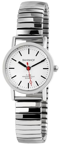 Bahnhof Damen Armband Uhr Weiß Silber Edelstahl Zugband Stretch 5 ATM Bar Analog 91700050001 von Excellanc