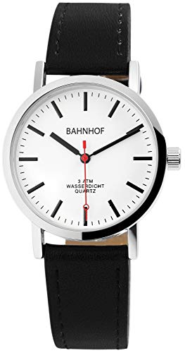 Bahnhof Herrenuhr Schwarz Silberfarbig Analog Quarz Metall Lederimitat Armbanduhr von Excellanc