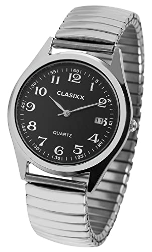 Clasixx Klassische Herren Armband Uhr Schwarz Silber Datum Edelstahl Zugband Stretch 92700003001 von Excellanc