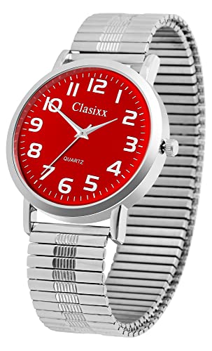 Clasixx Modische Herren Armband Uhr Rot Silber Analog Edelstahl Zugband Stretch Quarz 92700005005 von Excellanc