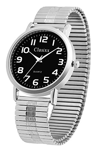 Clasixx Modische Herren Armband Uhr Schwarz Silber Analog Edelstahl Zugband Stretch Quarz 92700005004 von Excellanc