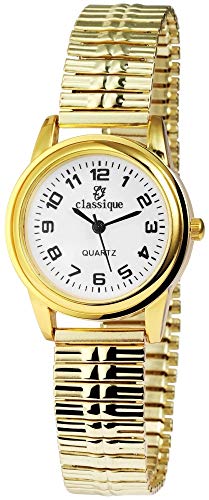 Classique Damenuhr Zugarmband aus Edelstahl 20cm ⌀28 mm 14mm breit gut lesbar 3-Zeiger goldfarbig Geschenk für Frauen von Excellanc