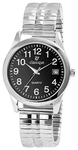 Classique Herren Armband Uhr Schwarz Silber Analog Datum Edelstahl Zugband Stretch Quarz 92700016005 von Excellanc