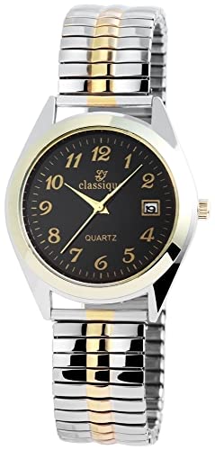 Classique Herren Armband Uhr Schwarz Silber Gold Analog Datum Edelstahl Zugband Stretch Quarz 92700016002 von Excellanc