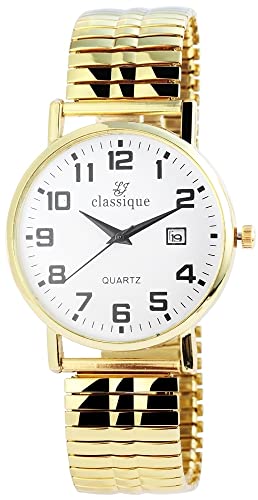 Classique Herren Armband Uhr Weiß Gold Analog Datum Edelstahl Zugband Stretch Quarz 92700018001 von Excellanc