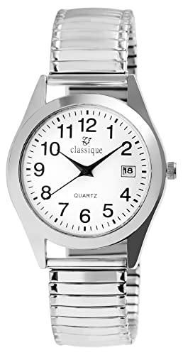 Classique Herren Armband Uhr Weiß Silber Analog Datum Edelstahl Zugband Stretch Quarz 92700016006 von Excellanc