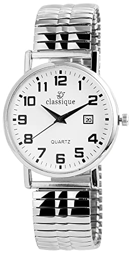 Classique Herren Armband Uhr Weiß Silber Analog Datum Edelstahl Zugband Stretch Quarz 92700018006 von Excellanc