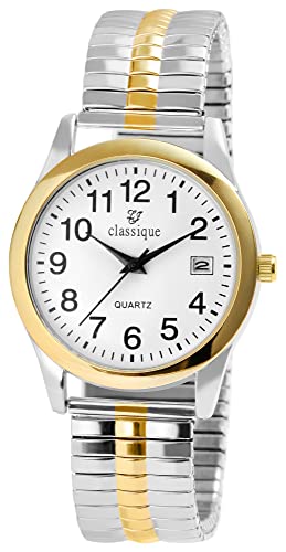 Classique Herren Armband Uhr Weiß Silber Gold Analog Datum Edelstahl Zugband Stretch Quarz 92700016003 von Excellanc