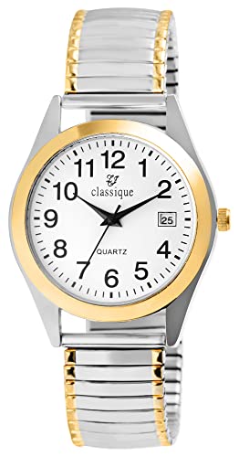 Classique Herren Armband Uhr Weiß Silber Gold Analog Datum Edelstahl Zugband Stretch Quarz 92700017003 von Excellanc