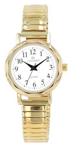 Classique Klassische Damen Armband Uhr Weiß Gold Edelstahl Zugband Stretch Analog 91700018002 von Excellanc