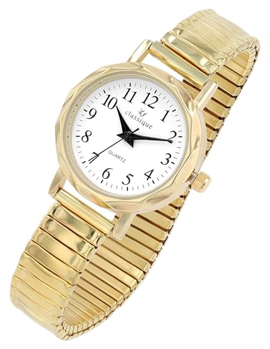 Classique Klassische Damen Armband Uhr Weiß Gold Edelstahl Zugband Stretch Analog 91700076001 von Excellanc