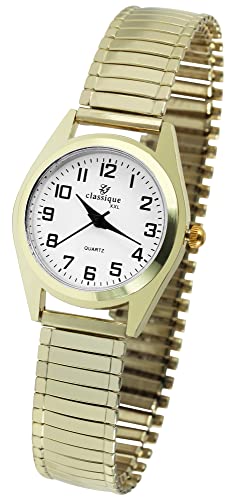 Classique Klassische Damen Armband Uhr Weiß Gold XXL Edelstahl Zugband Stretch Analog 91700018003 von Excellanc