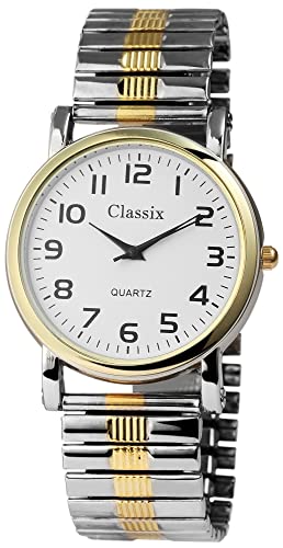 Classix Modische Herren Armband Uhr Weiß Silber Gold Analog Edelstahl Zugband Stretch Quarz 92700005001 von Excellanc