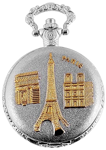 Classix Motiv Taschenuhr Eiffelturm Paris Frankreich + Kette Clip Weiß Silber Gold Sprungdeckel Analog Quarz 9RP2601200019 von Excellanc