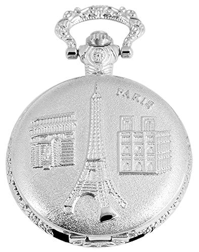 Classix Motiv Taschenuhr Eiffelturm Paris Frankreich + Kette Clip Weiß Silber Sprungdeckel Analog Quarz 9RP2602200019 von Excellanc