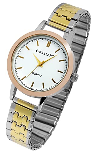 Damen Zugband Armband Uhr Edel Weiß Silber Gold Edelstahl Stretch Quarz 91700065003 von Excellanc