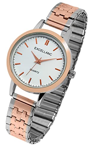 Damen Zugband Armband Uhr Edel Weiß Silber Rosègold Edelstahl Stretch Quarz 91700065002 von Excellanc