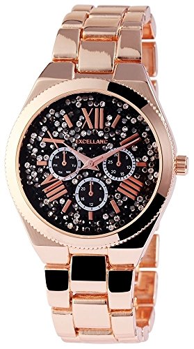 Excellanc Damenuhr Schwarz Rosègold Strass Römische Ziffern Chrono-Look Armbanduhr von Excellanc