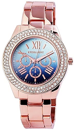 Excellanc Damen-Uhr Metall Gliederarmband Faltschließe Strass Analog Quarz 1800023 (roségoldfarbig dunkelblau) von Excellanc