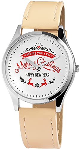 Excellanc Damen-Uhr Kunstleder Dornschließe Merry Christmas Analog 1900095 (braun weiß) von Excellanc