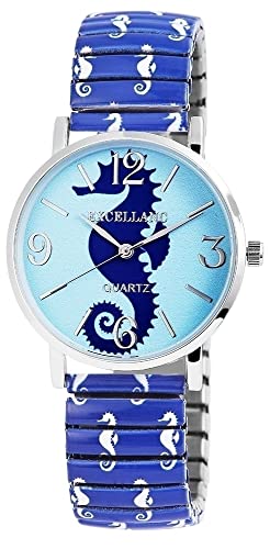 Design Damen Armband Uhr Blau Seepferdchen Motiv Maritim See Edelstahl Mode 91700006003 von Excellanc