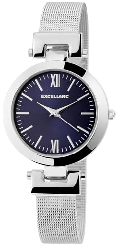 Design Damen Armband Uhr Blau Silber Römische Ziffern Analog Edelstahl Meshband Milanaise Quarz Frauen 91800155004 von Excellanc