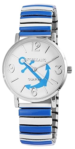 Design Damen Armband Uhr Weiß Blau Anker Motiv Maritim See Edelstahl Mode Trend 91700006002 von Excellanc