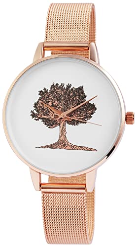 Design Damen Armband Uhr Weiß Rosègold Baum Motiv Analog Edelstahl Meshband Milanaise Quarz Frauen 91300026003 von Excellanc