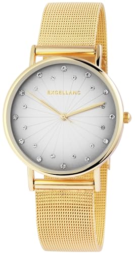 Design Damenuhr Grau Silber Gold Strass Kristalle Analog Edelstahl Meshband Quarz 91300018005 von Excellanc