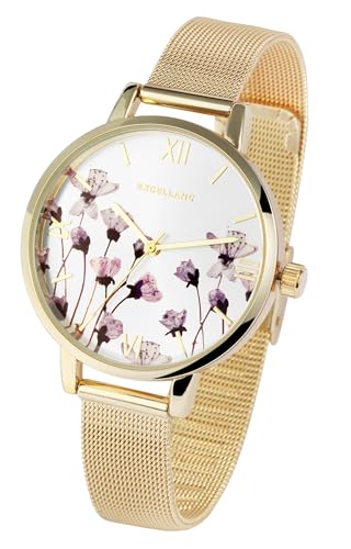 Design Damenuhr Silber Gold Blumen Motiv Analog Edelstahl Meshband Quarz 91300035003 von Excellanc