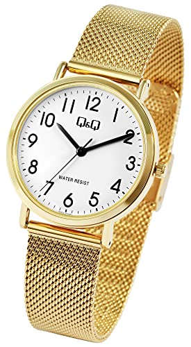 Design Q&Q Damen Armband Uhr Weiß Gold Meshband Milanaise Edelstahl 3ATM Frauen 9Q05A009PY von Excellanc