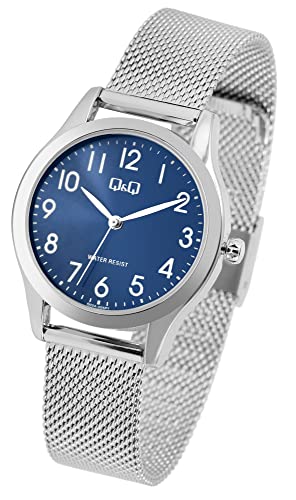 Design Q&Q by Citizen Damen Armband Uhr Blau Silber Analog Edelstahl Meshband Milanaise Quarz 3ATM Frauen 9Q02A005PY von Excellanc