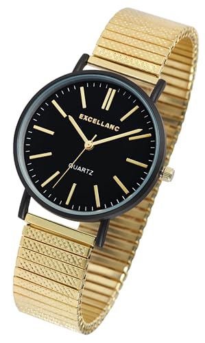 Design Zugband Damen Armband Uhr Schwarz Gold Edelstahl Stretch 91700062002 von Excellanc