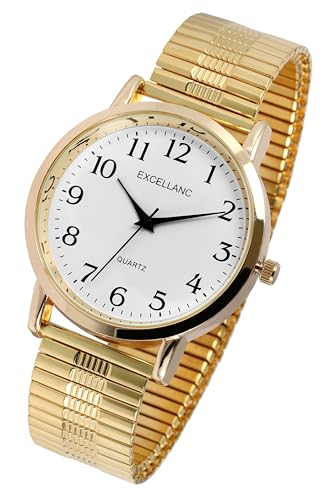 Design Zugband Herren Armband Uhr Weiß Gold Edelstahl Analog Quarz 92700028003 von Excellanc