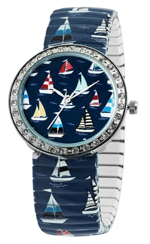 Donna Kelly Maritim Damen Armband Uhr Blau Bunt Segel Boote Schiffe Motiv Strass Edelstahl Zugband 91700071006 von Excellanc