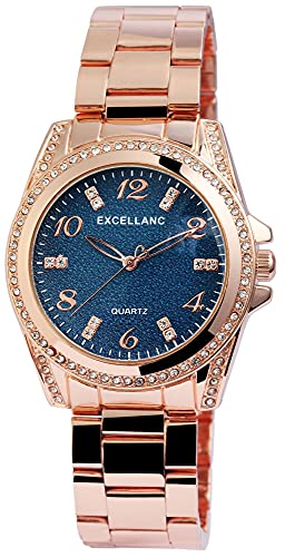 Excellanc Damen-Uhr Metall Gliederarmband Leuchtzeiger Strass Analog 1800152 (roségoldfarbig blau) von Excellanc