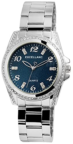 Excellanc Damen-Uhr Metall Gliederarmband Leuchtzeiger Strass Analog 1800152 (silberfarbig blau) von Excellanc