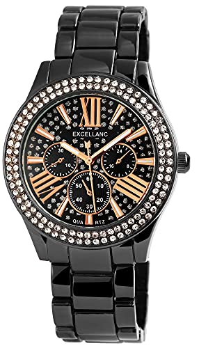 Excellanc Damen-Uhr Metall Gliederarmband Leuchtzeiger Strass Analog 1800151 (schwarz) von Excellanc