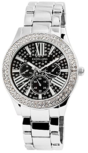 Excellanc Damen-Uhr Metall Gliederarmband Leuchtzeiger Strass Analog 1800151 (silberfarbig) von Excellanc