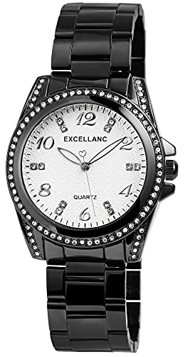 Excellanc Damen-Uhr Metall Gliederarmband Leuchtzeiger Strass Analog 1800152 (schwarz silberfarbig) von Excellanc