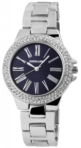 Excellanc Damen-Uhr Gliederband Metall Strass Faltschließe Analog Quarz 1800140 (silberfarbig/dunkelblau) von Excellanc