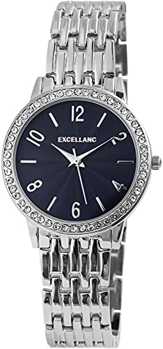 Excellanc Damen-Uhr Metall Gliederarmband Faltschließe Strass Analog Quarz 1800125 (silberfarbig blau) von Excellanc