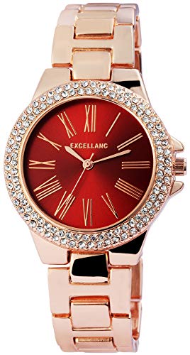 Excellanc Damen-Uhr Gliederband Metall Strass Faltschließe Analog Quarz 1800140 (roségoldfarbig/rot) von Excellanc