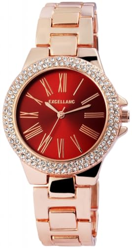 Excellanc Damen-Uhr Gliederband Metall Strass Faltschließe Analog Quarz 1800140 (roségoldfarbig/rot) von Excellanc