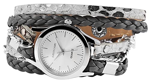 Excellanc Damen-Uhr Kunstleder Metall Wickelarmband Druckknopf 1900180 (grau silberfarbig) von Excellanc