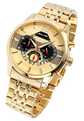 Elegante Elite Design Herren Armband Uhr Gold Chronograph Datum Edelstahl Quarz 92800085004 von Excellanc
